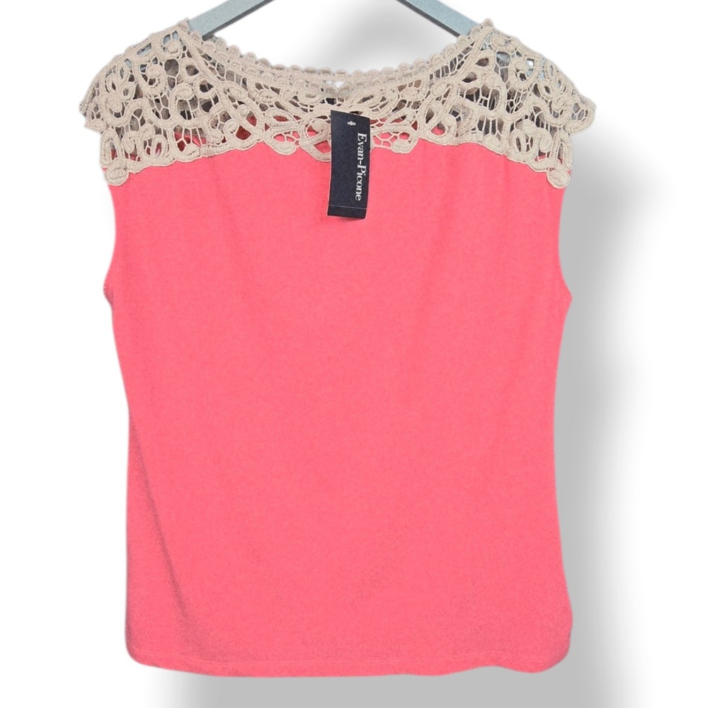Evan Picone Pink Coral Top with Contrast Ivory Crochet Lace Yoke. Size XL NEW